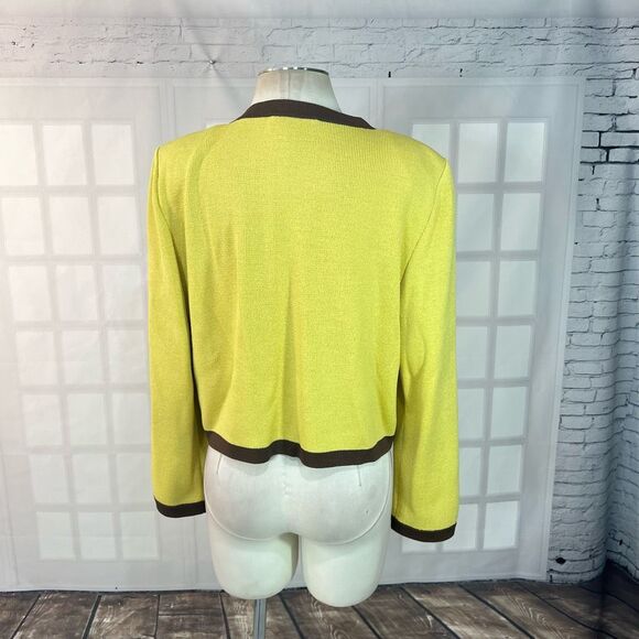 St John collection yellow knit brown trim cardigan size 12 - Picture 5 of 10